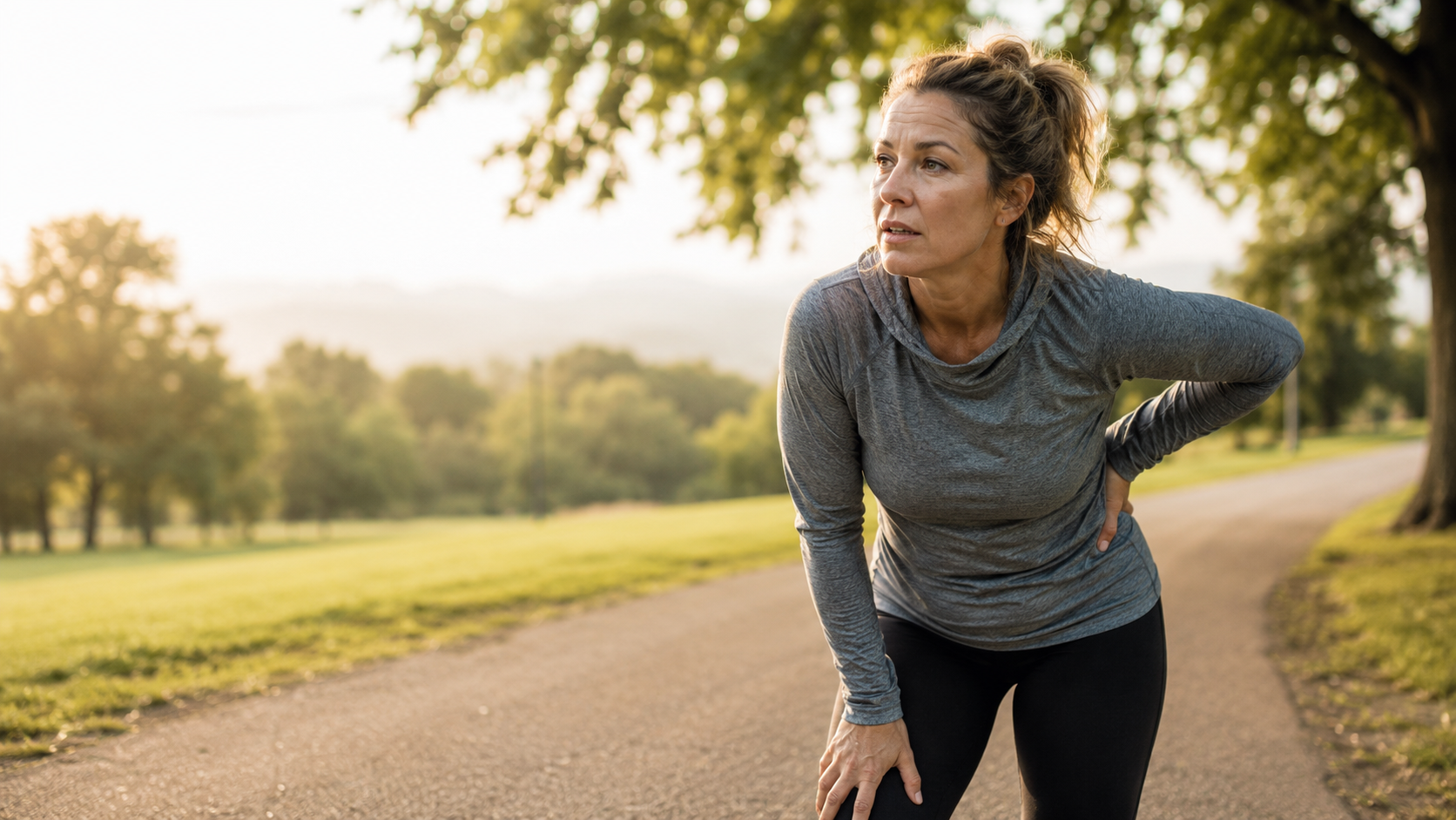 A woman in athletic wear pausing on a park path — the moment before everything changes